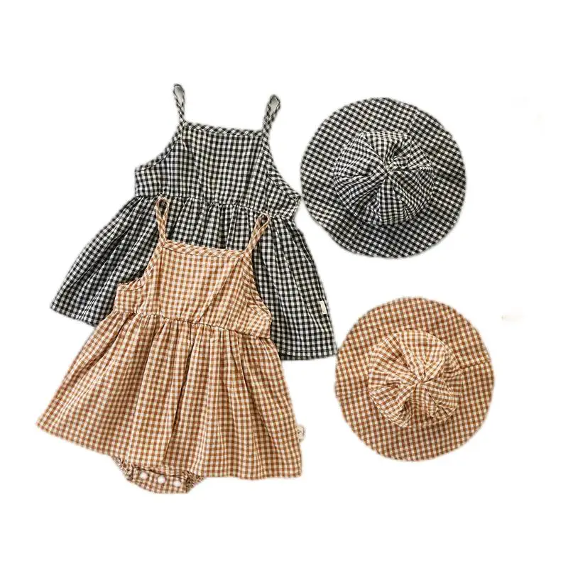 

2022 Newborn Romper Baby Girls Cotton Plaid Soft Jumpsuits Free Sunhat Korean Style Sling Skirt One Pieces Bodysuit for 1-4T Kid