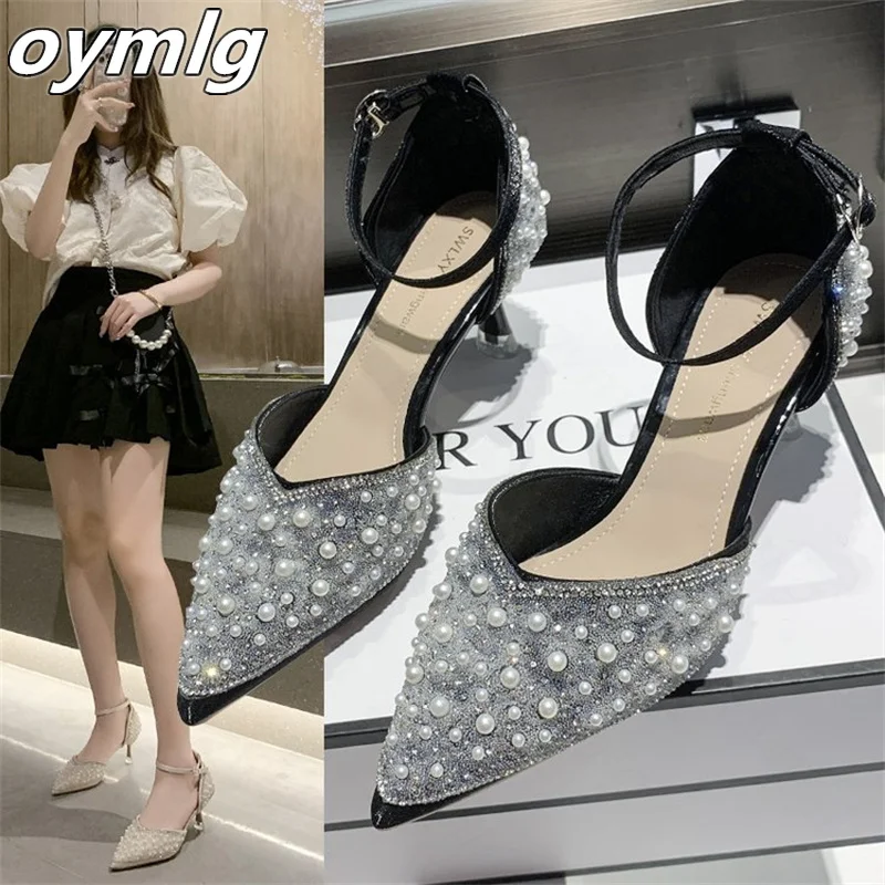 

2022 summer new pointed-toe rhinestone high-heeled shoes stiletto sandals women's sense one word buckle single shoes women