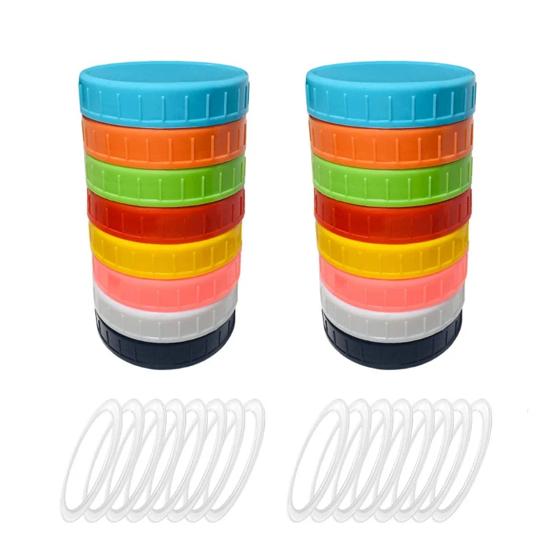 

16 Pack Jar Lids Leak Proof Seal Silicone O Ring Plastic Screw Lid Universal Storage Cap Cover For Wide Mouth Mug Cannings