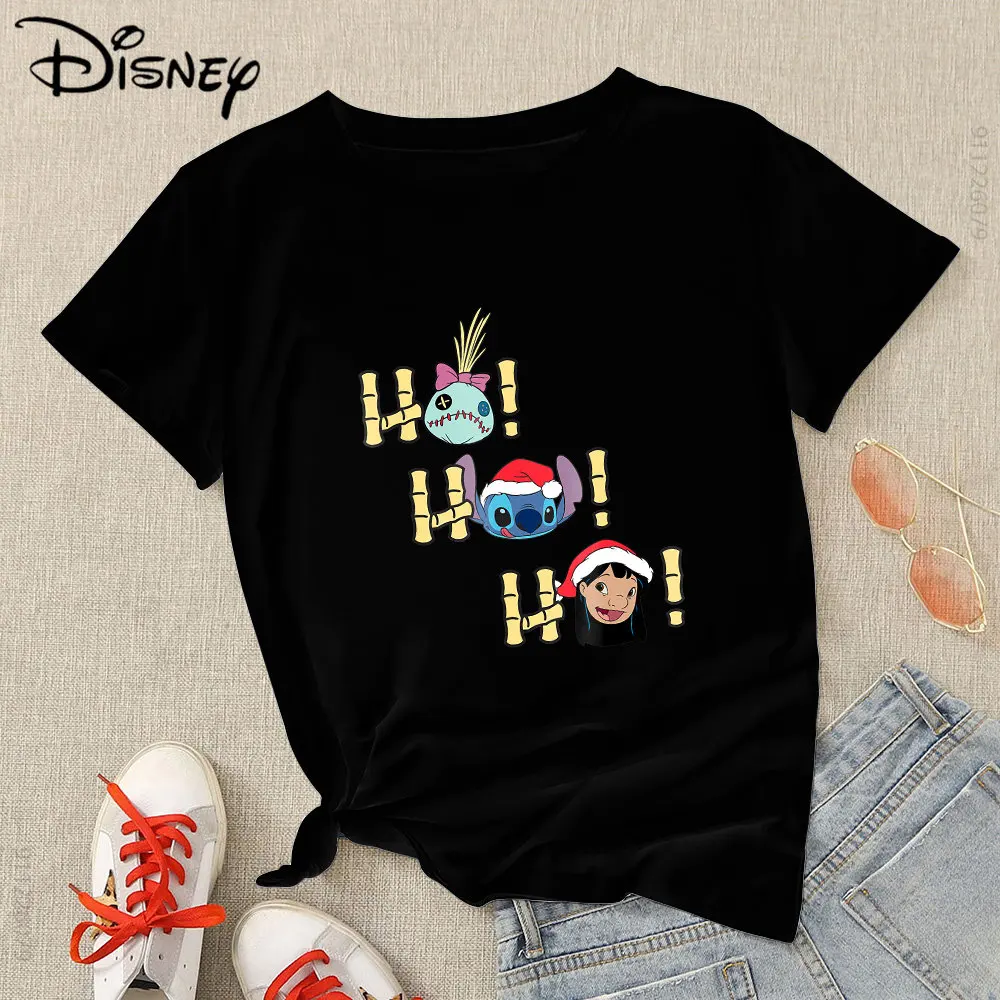 

Chirstmas Disney Lilo Stitch T Shirt Women Cartoon Cute Xmas Vibes Tops Black Street Casual T-shirt Femme Short Sleeve Blouses