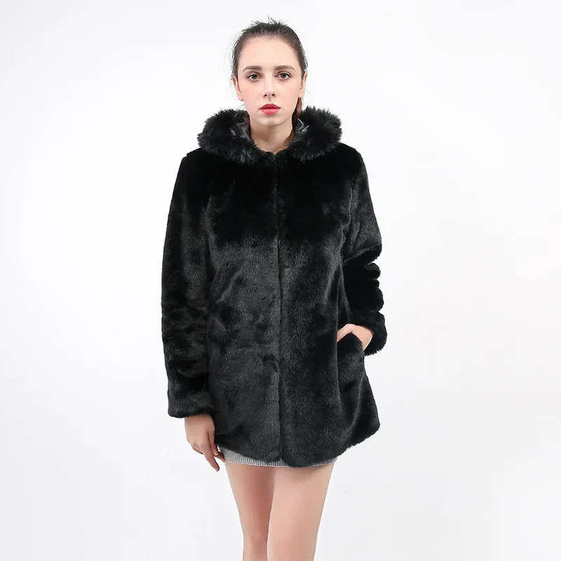 Women's Leather Fur Coat Faux Fur Coat Mink Fur Coat Hooded Fox Fur Collar Mid-Length Faux Fur Coat