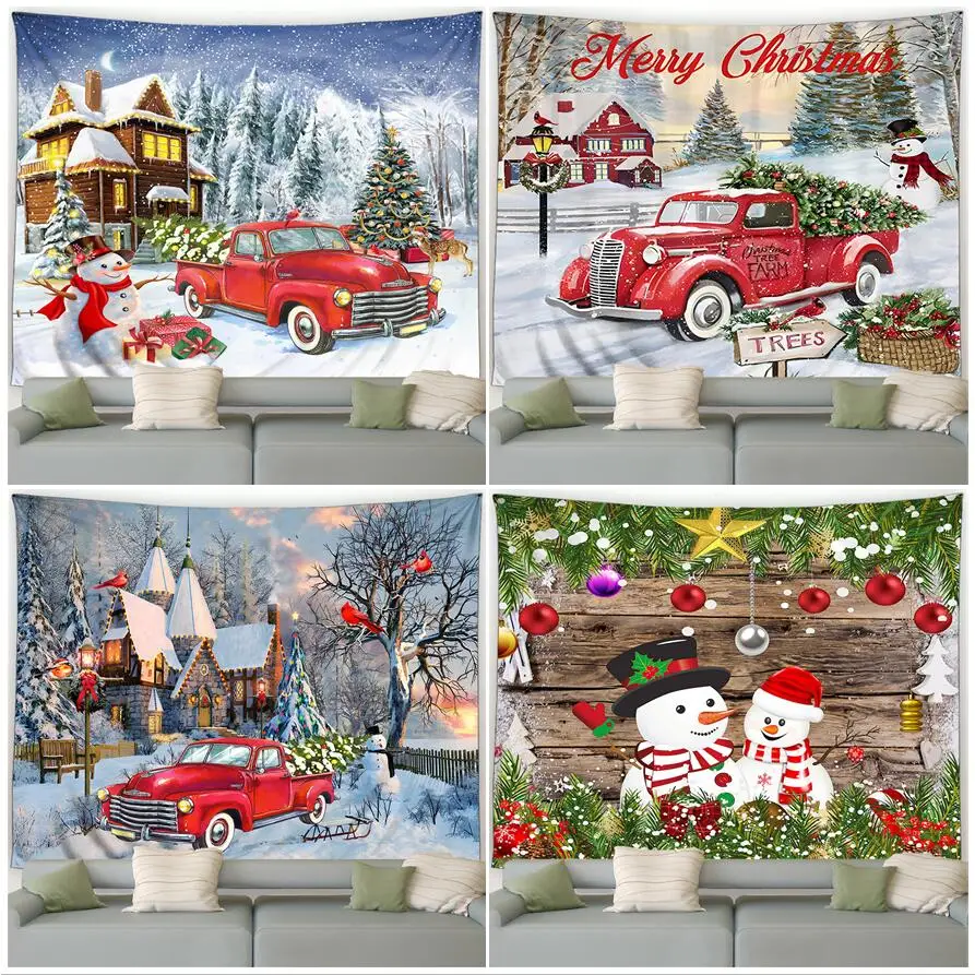 

Забавный Рождественский гобелен, красный грузовик, Рождественские елки, снеговик, Зимний лес, пейзаж, Декор для дома, гостиной, новогодние настенные подвески