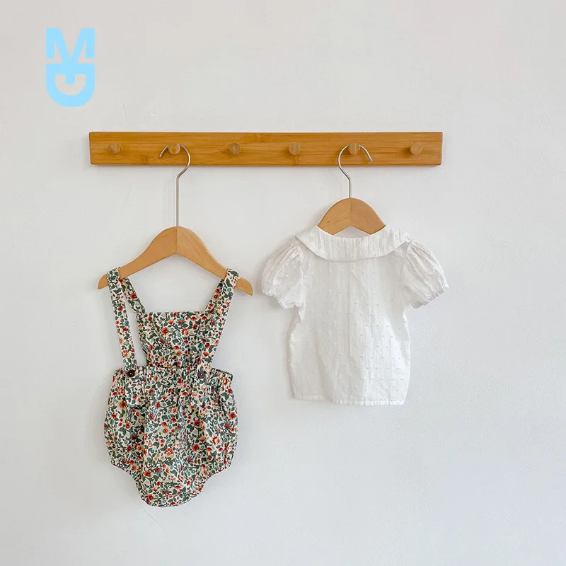 

New 2022 Summer Baby Girl Suit Clothes Short Sleeve Dot Shirt Top+Floral Jumpsuit Set Infant Suit Baby Romper Clothing