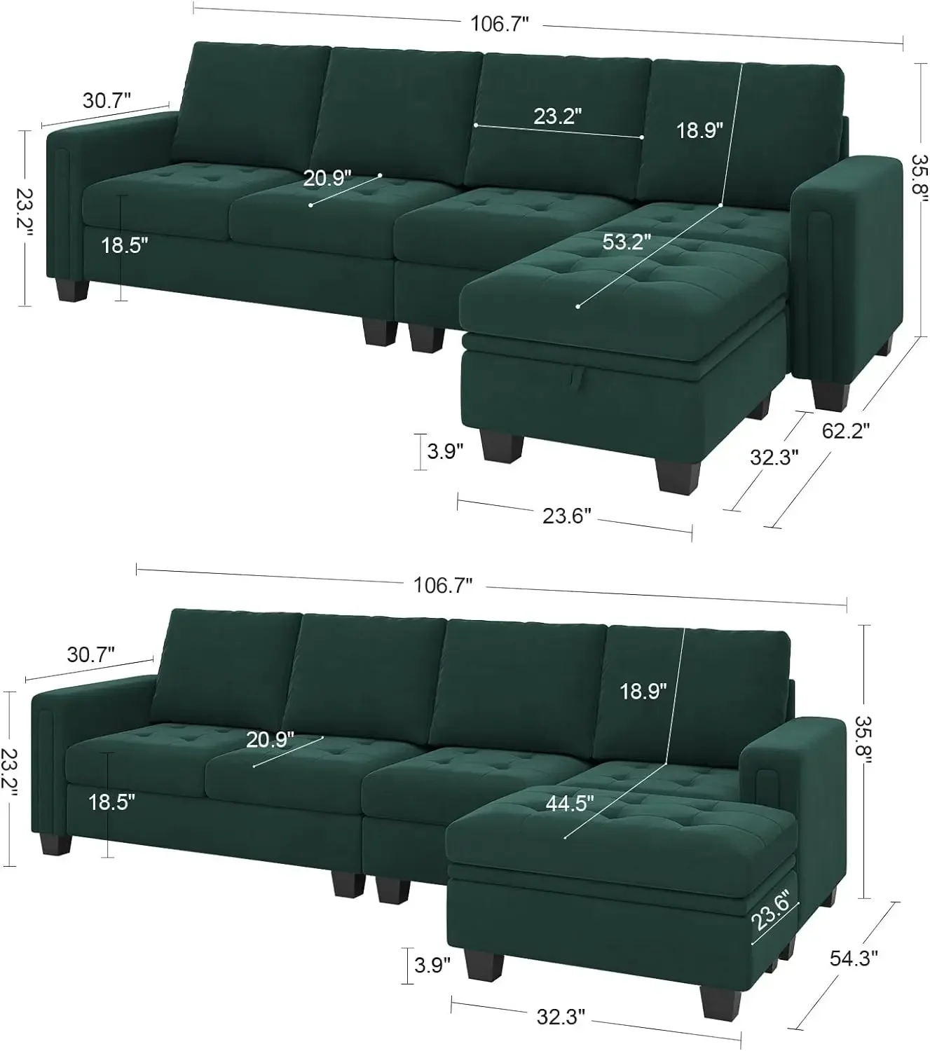 Вельветовый двухсторонний секционный диван с трансформируемой L-образной формы