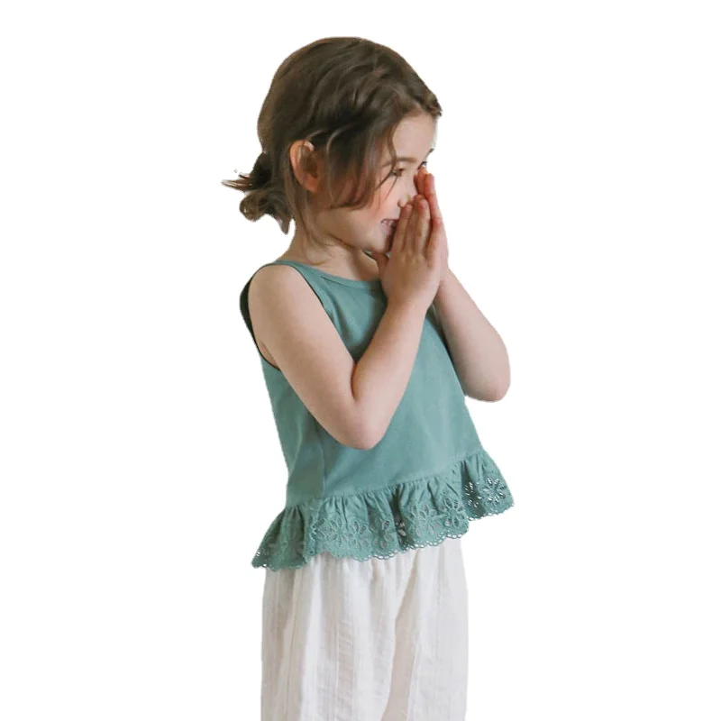 

Новинка, летняя хлопковая футболка, детский жилет без рукавов с кружевом для девочек, детская одежда, Детские хлопковые футболки для девоче...