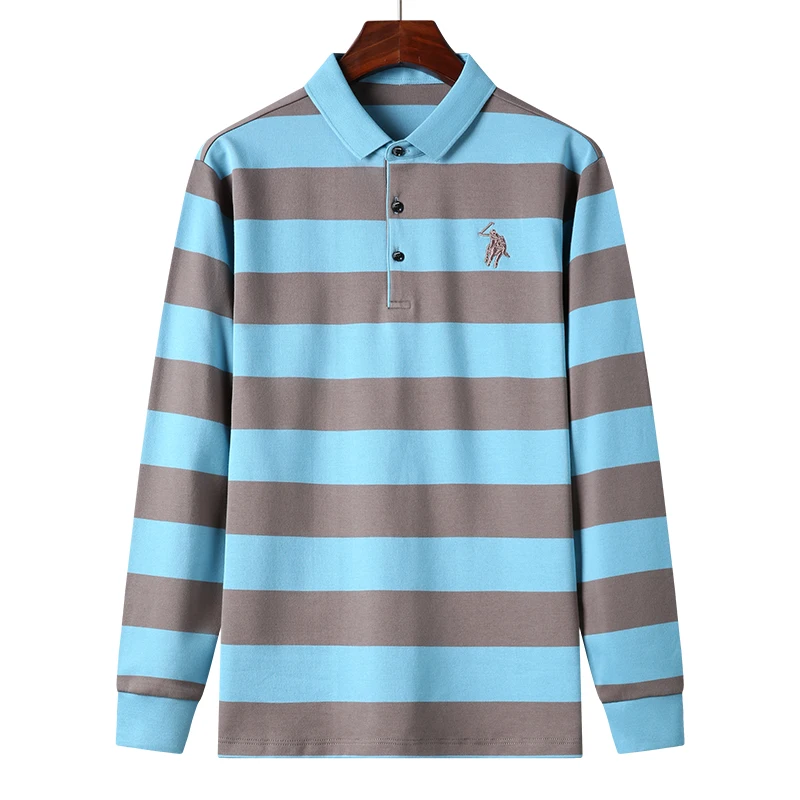 

100%Cotton Men's Shirts Fashion Polo Shirt Casual High-quality New Embroidery Spring Autumn Long Sleeve Striped Lapel Tops Tees