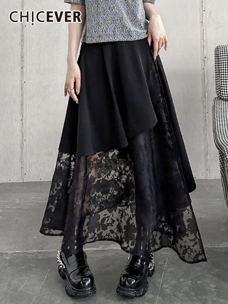 

CHICEVER Patchwork Mesh Skirts For Women High Waist Loose Temperament Print Solid A Line Pleated Midi Skirt Female Summer 2023