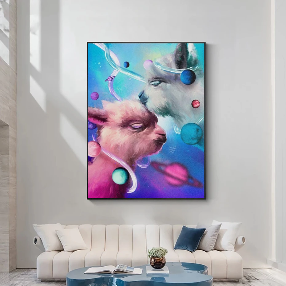 

Angel Lamb Kiss Posters Pink and Blue Canvas Painting Fresh Style Warmth Wall Art Mural Home Decor Picture for Child Room Gift