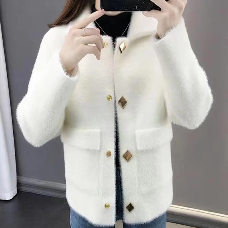 Winter Thicken Warm Imitation Mink Down Jacket 2022 New Women Single-Breasted Sequin Button Coat Turn-Down Collar Solid Cardigan