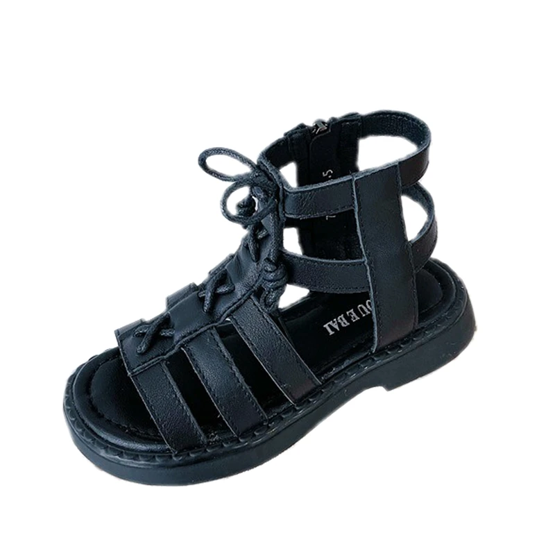 

16.5-22cm Brand Girls Gladiator Sandals,Solid Black Beige Ankle Boots Sandals For Teenage Princess Girls,Weave Kids Summer Shoes