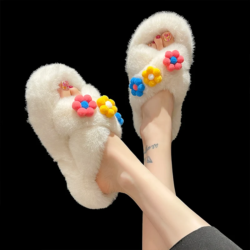 

Shoes Woman 2022 Slippers Casual Shallow Cross-Tied Flock Pantofle Fur Flip Flops Flower Luxury Massage Flat New Plush with fur