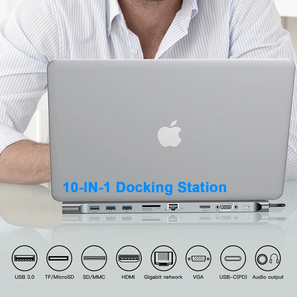 USB C концентратор 10 в 1 к HDMI VGA PD Thunderbolt 3 гигабитный Ethernet RJ45 аудио SD/TF адаптер для MacBook