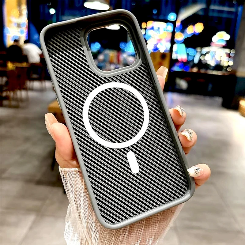 Luxury Mag Safe Carbon Fiber Case For iPhone 16 15 14 13 12 11 Pro Max Plus 16Pro 15Pro 14Pro Magsafe Wireless Charge Covers
