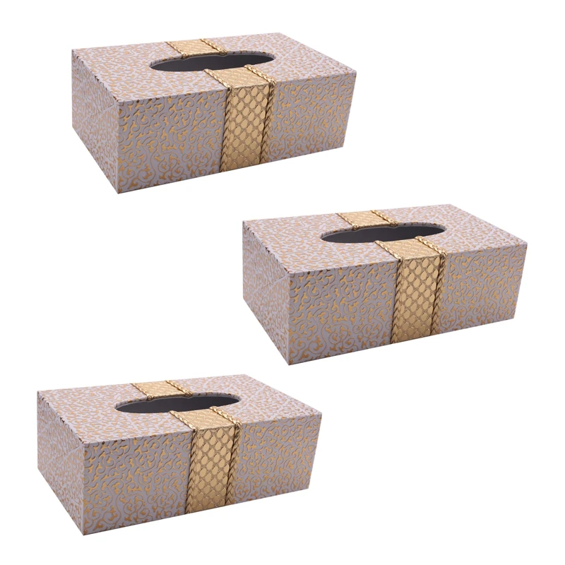 

3X Car Home Rectangle Shaped Tissue Box Household Living Room Desktop Napkin Tissue Holder White&Gold