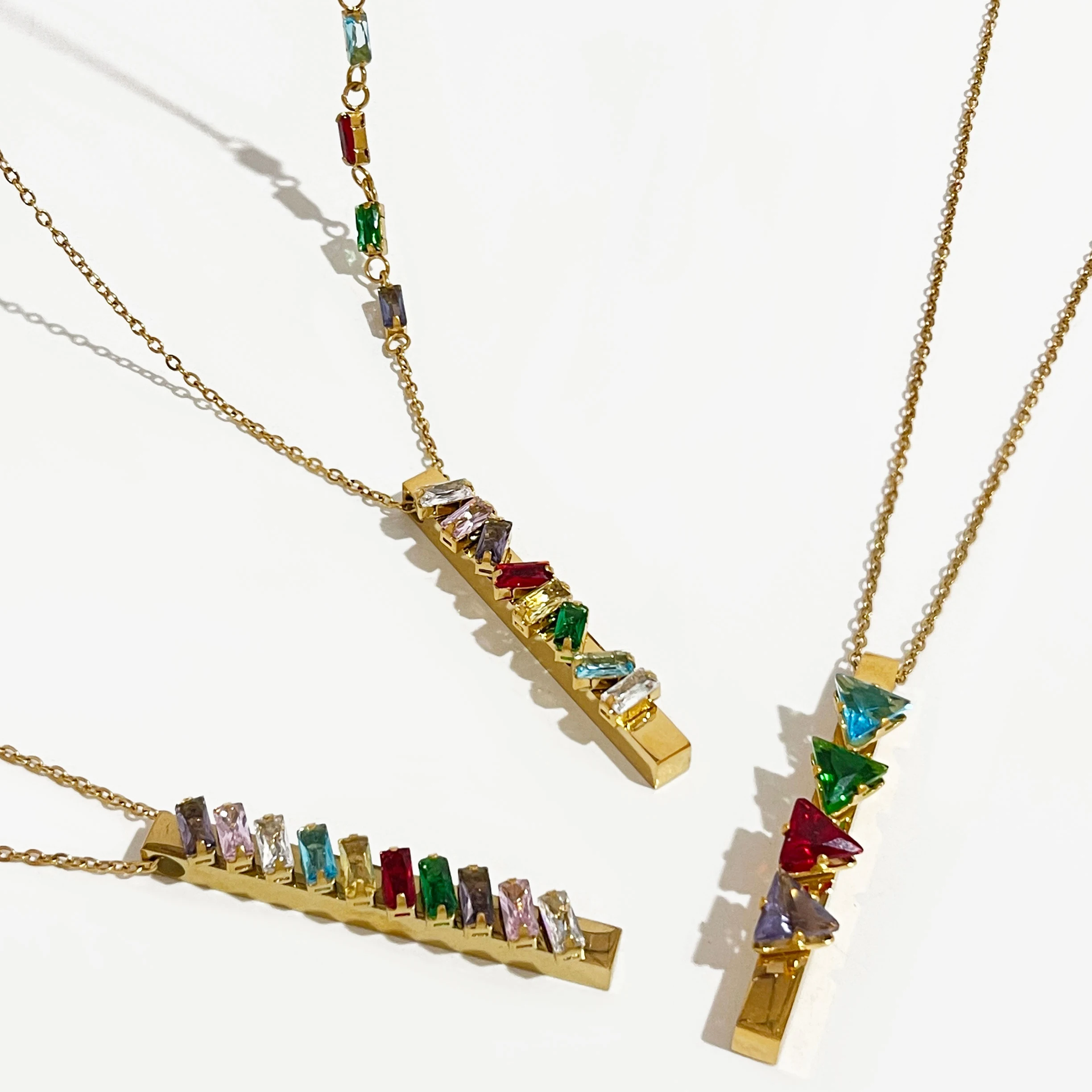 

Peri'sbox Stainless Steel Gold Plated Rainbow Triangle Baguette Cz Zircon Vertical Bar Pendant Necklace Jewelry Christmas Gift