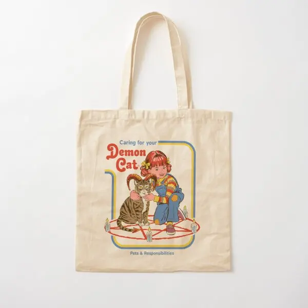 

Caring For Your Demon Cat Cotton Canvas Bag Grocery Casual Travel Shoulder Bag Fabric Printed Women Tote Unisex Foldable