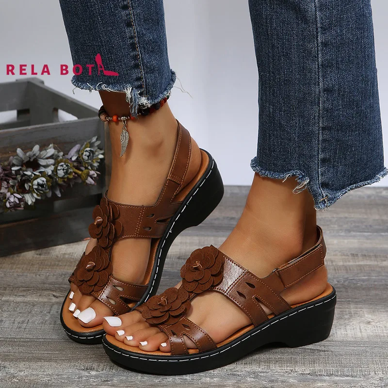 

Round Head Print Hollowed-out Roman Sandals Ladies Casual Wedge Leather Comfortable Sandals Platform Leather Gladiator Sandals