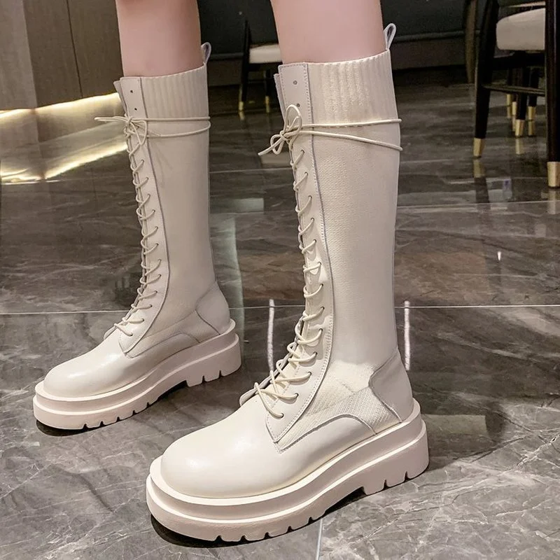 

Women Mid Calf Boots Thick Platform Lace Up Sock Shoes Female Stretch Knitted Boot Fashion Ladies Shoe 2022 Autumn Winter