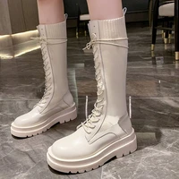 women mid calf boots thick platform lace up sock shoes female stretch knitted boot fashion ladies shoe 2022 autumn winter