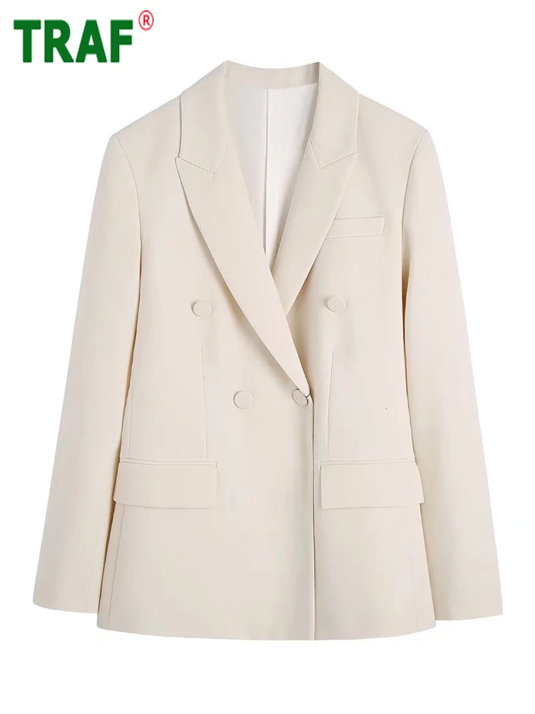 

TRAF Beige Office Blazer Women Fitted Double Breasted Jacket Woman Fashion 2022 Going Out Female Blazer Outfit Long Sleeve Coat