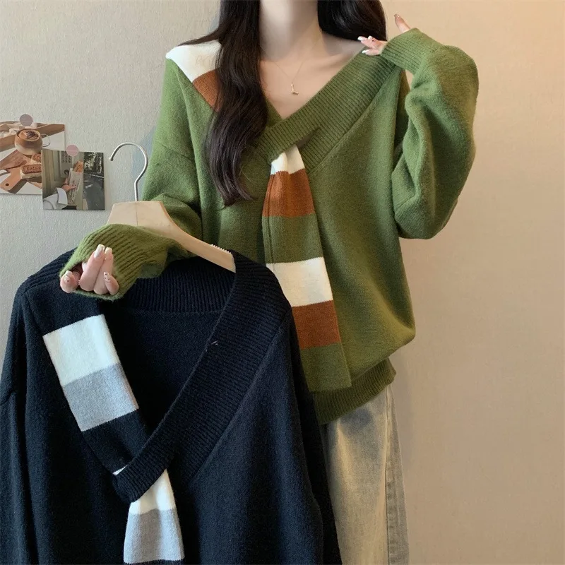 Женский свитер контрастных цветов в полоску с V-образным вырезом топ из двух
