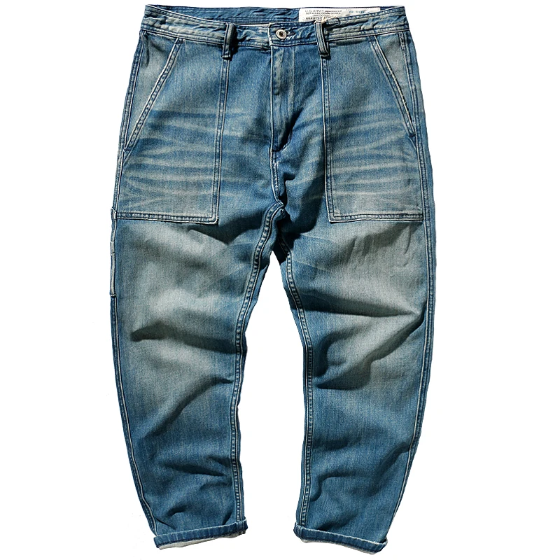 Cargo jeans men's duplicate straight cone retro do old washed stretch denim casual pants