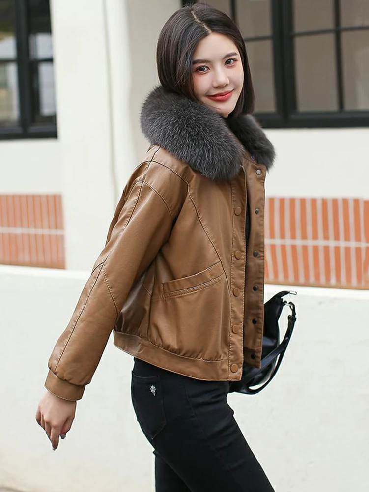 New Women Plus Velvet Lining Leather Jacket Autumn Winter Casual Fashion Fur Collar Loose Short Motorbiker Coat Split Leather
