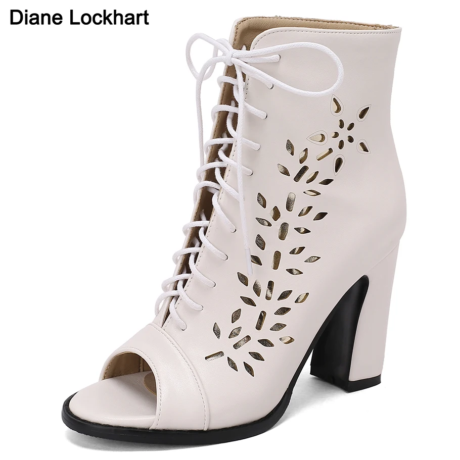 

New Sexy Open Toe Lace-up High Heels Summer Hollow Boots Fashion Comfort Peep Toe Booties Jazz Dance Female Chunky Heel Shoes