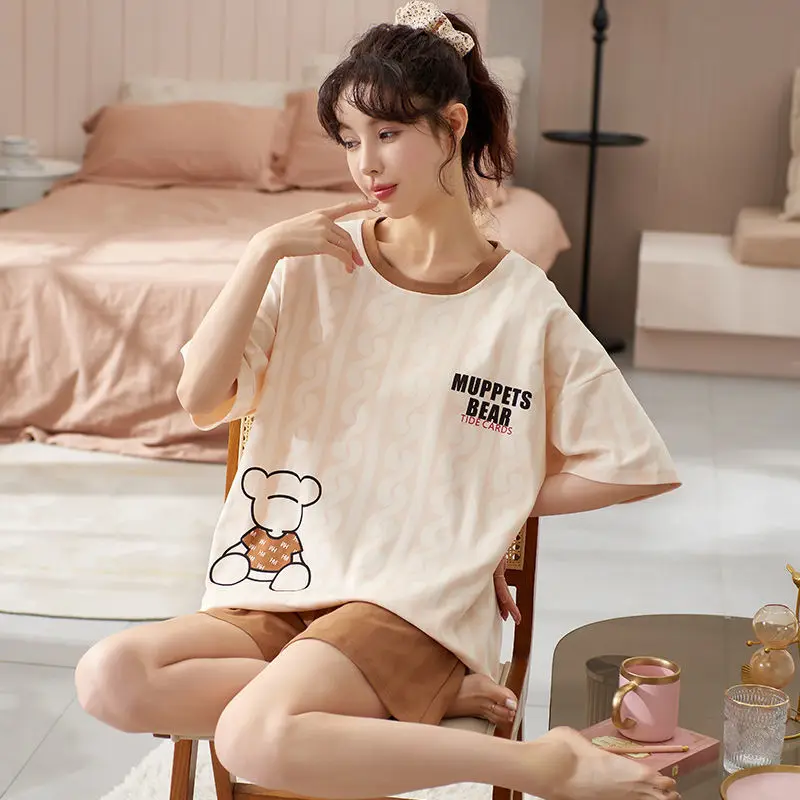 Fashion Yellow Bear Cartoon Sleepwear for Girls Summer Cotton Teens Loungewear Strip Pajamas Set for Women Kawaii Home Clothes