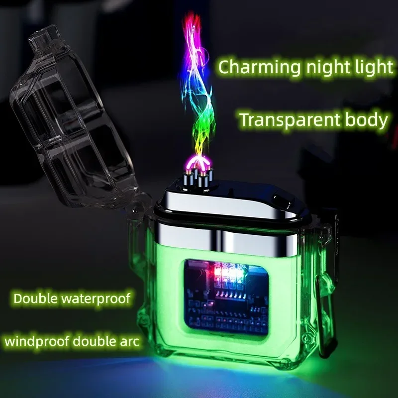 

Прозрачная зажигалка с двойным корпусом ArcType-C, уличная водонепроницаемая ветрозащитная портативная плазменная зажигалка с ремешком