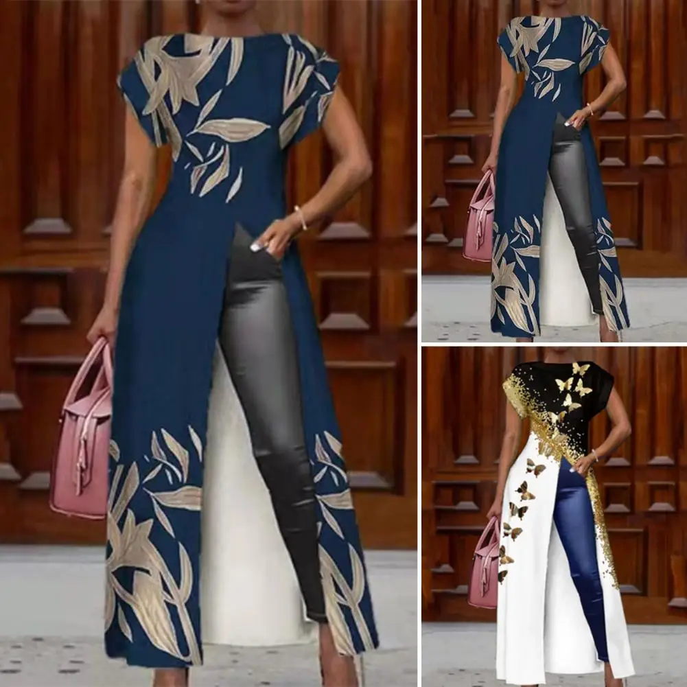

Popular Dress Short Sleeve Club Dress Contrast Color High Split Loose Hem Lady Dress Creative