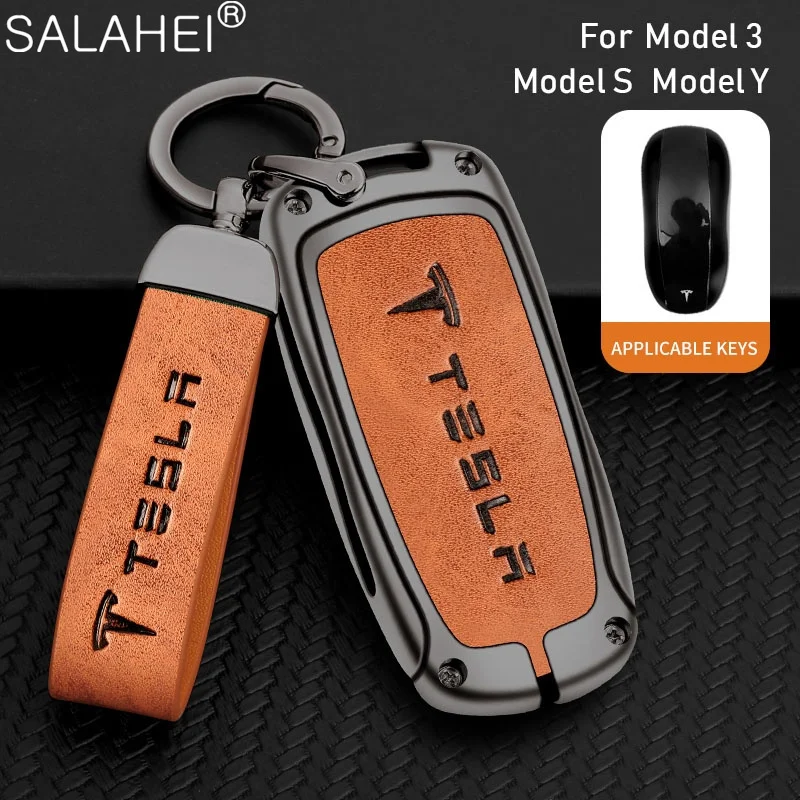 

Zinc Alloy+Leather Car Styling Smart Key Fob Case Cover Protector Shell For Tesla Model-S Model-X Model-3 Model-Y Accessories