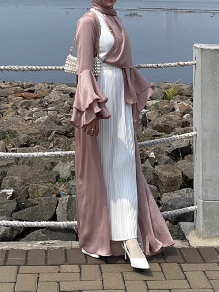 Открытая Абая комплект из 2 предметов скромное атласное исламское платье с