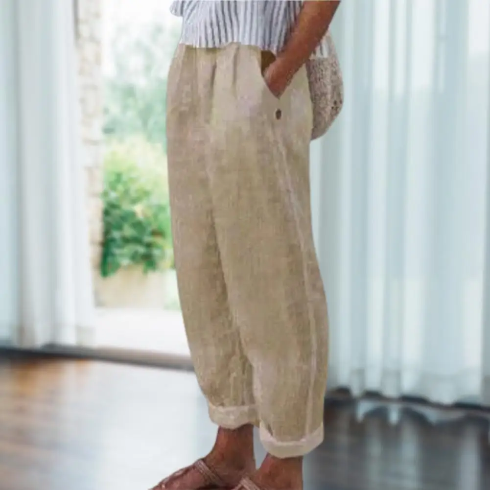 

Summer 2022 Cotton Linen Harem Women's Pants High Waist Solid Pocket Elastic Waist Straight Leg Casual Trouser Fashion Sweatpant