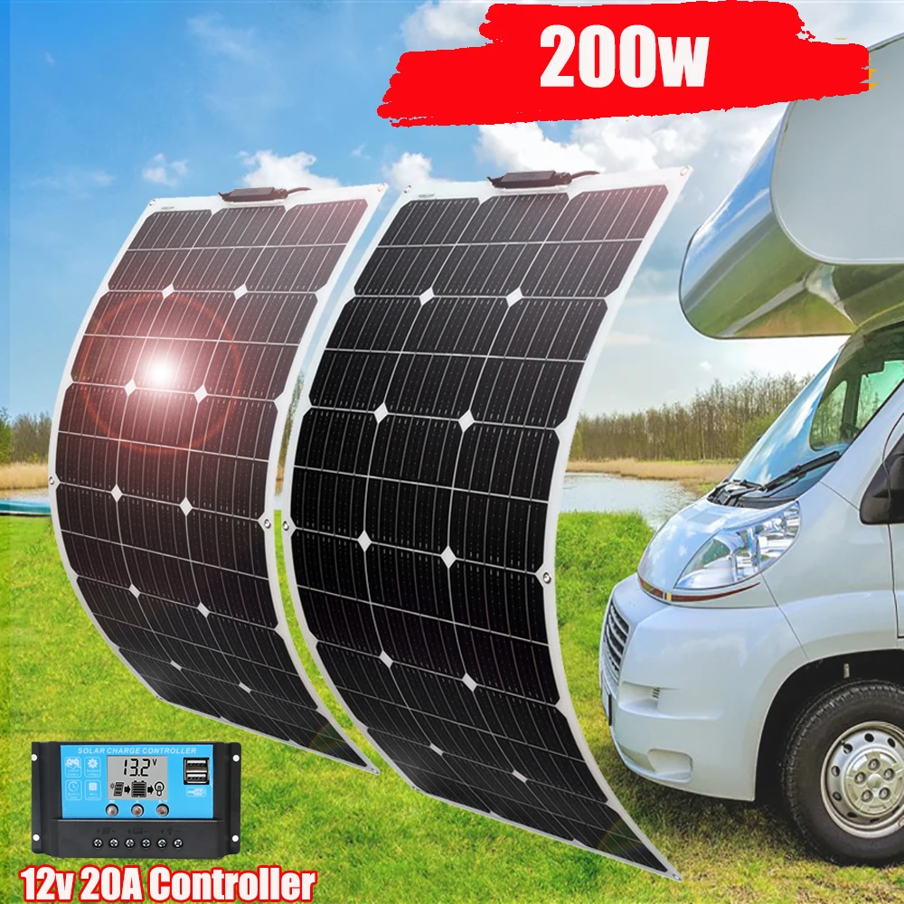 

200w 2pcs 100w flexible solar panel kit 12v 24v battery charger 20A controller for home car boat camper balcony GLS freeshipping