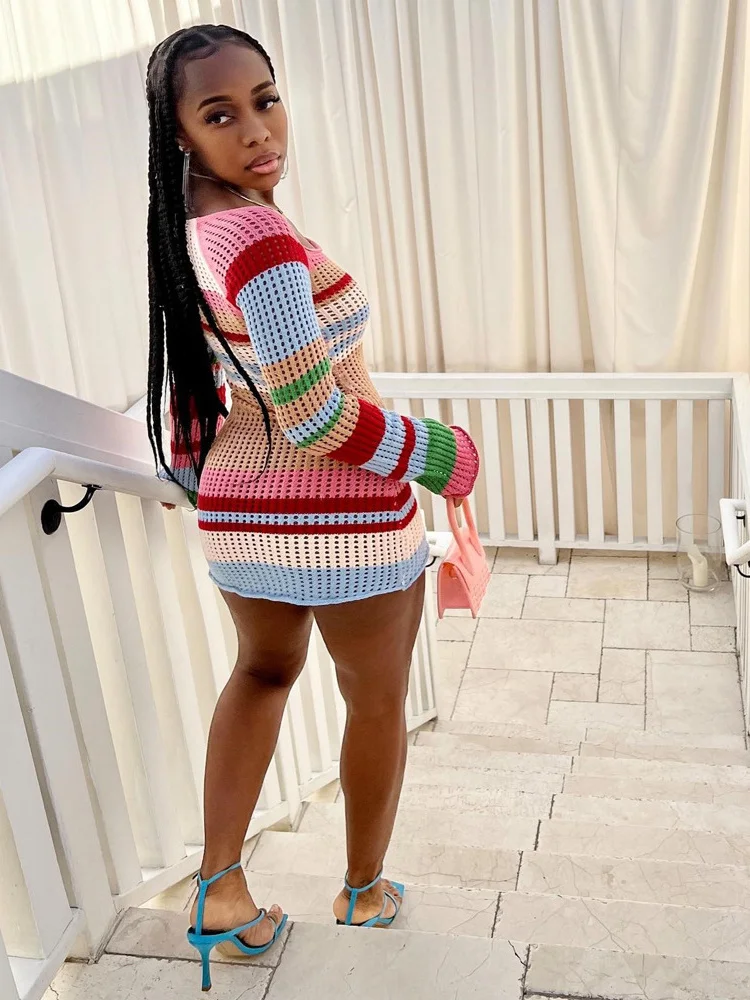 

Women Knit Mini Dresses evening traf Dress Contrast Color Striped Round Neck Long Sleeve Skinny Streetwear Y2k Top party Bodycon