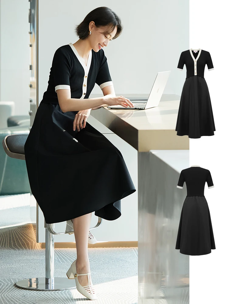 EP Yang Женская одежда Лоскутное трикотажное платье Slim fit Hepburn Sle Черное Осенняя 2024