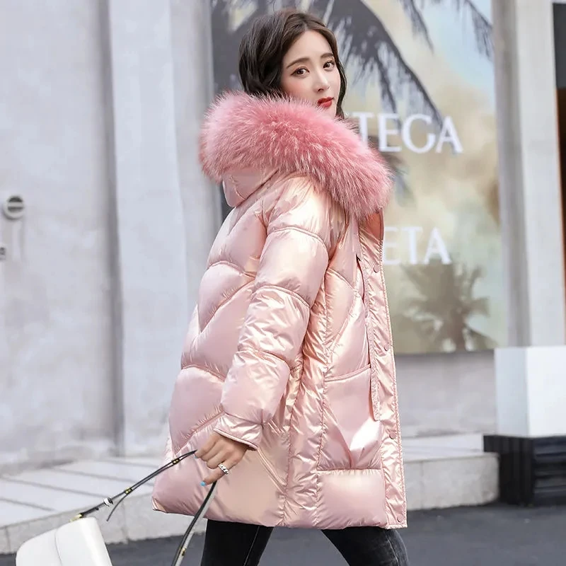 Shiny Wash-free Down Cotton Jacket Women Fashion Casual 2022 Winter Padded Coat Female Long Hooded Fur Collar Thick Warm Parkas