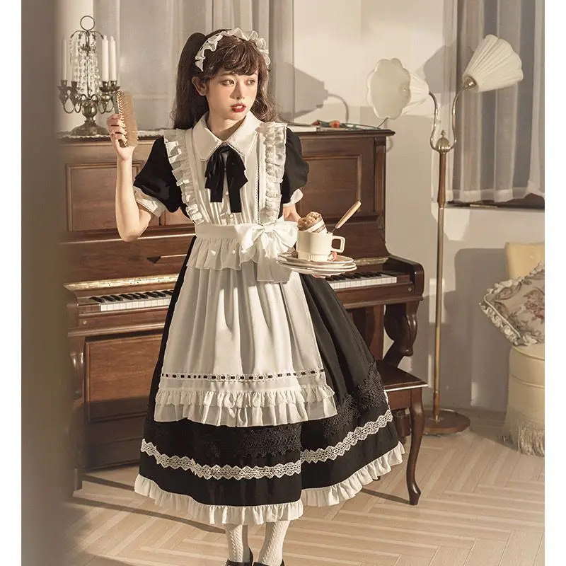 Japanese Maid Style Women Short Sleeve OP Dresses High Waist Contrast-Color Ruffled Sweet Lolita Dress Kawaii Clothing