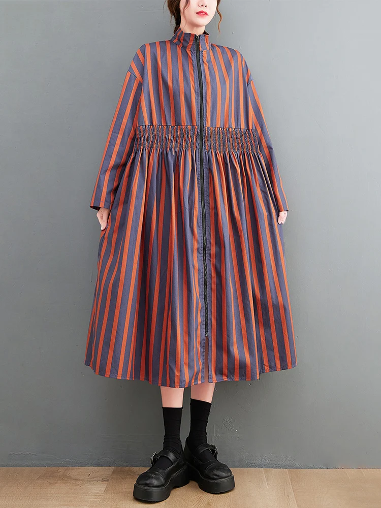2022 Spring Autumn New Striped Print Dresses For Women Zipper Loose Casual Long Sleeve Vintage Dress Fashion Elegant Clothing
