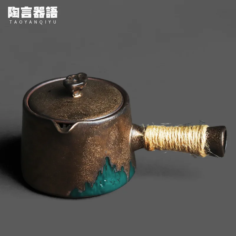 

Japanese kiln roasted black gold painting mountain side handle teapot handmade retro pottery wide mouth tea maker single pot