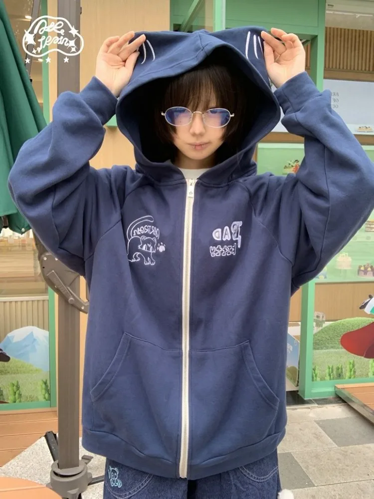 Фото Deeptown Harajuku толстовки в японском стиле женские Y2k Kawaii Лолита пальто на молнии большие размеры милые аниме толстовки с вышивкой повседневные №4
