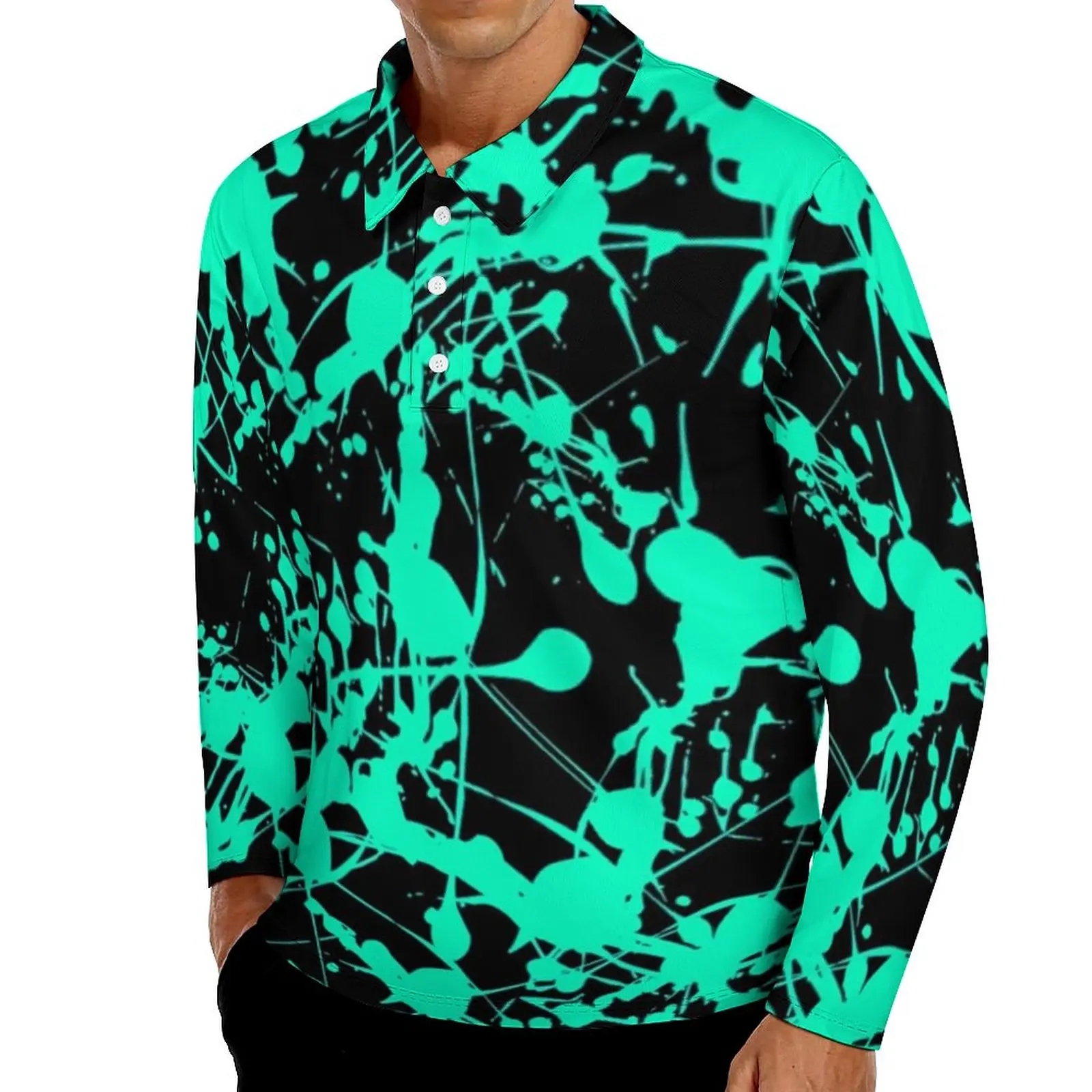 

Футболка-поло мужская с абстрактным принтом, Повседневная рубашка с длинным рукавом, с принтом, неоновые брызги, большие размеры, на осень