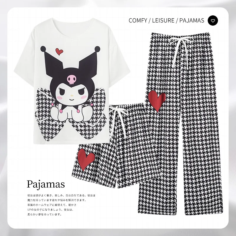 

Kawaii Sanrio Cute Cartoon Ladies Summer Short-Sleeved Shorts Ice Silk Trousers Pajamas Spring Summer Three-Piece Home Clothing