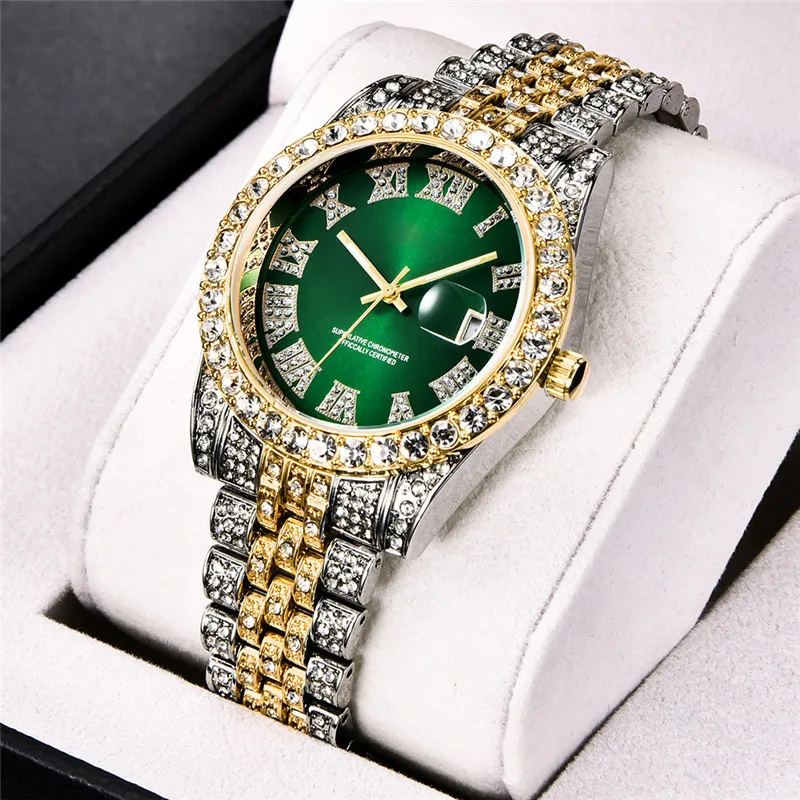 

Luxury Men Golden Stainless Steel Diamond Quartz Watch Iced Out Watches Waterproof Date Clock Reloj Hombre Relogio Masculino
