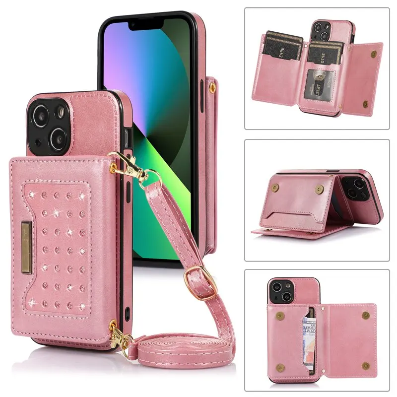 Premium PU Bling Magnetic Diamond Back Flip Cover with Crossbody Strap Wallet Credit Card Holder and Lanyard for Women, iPhone 1