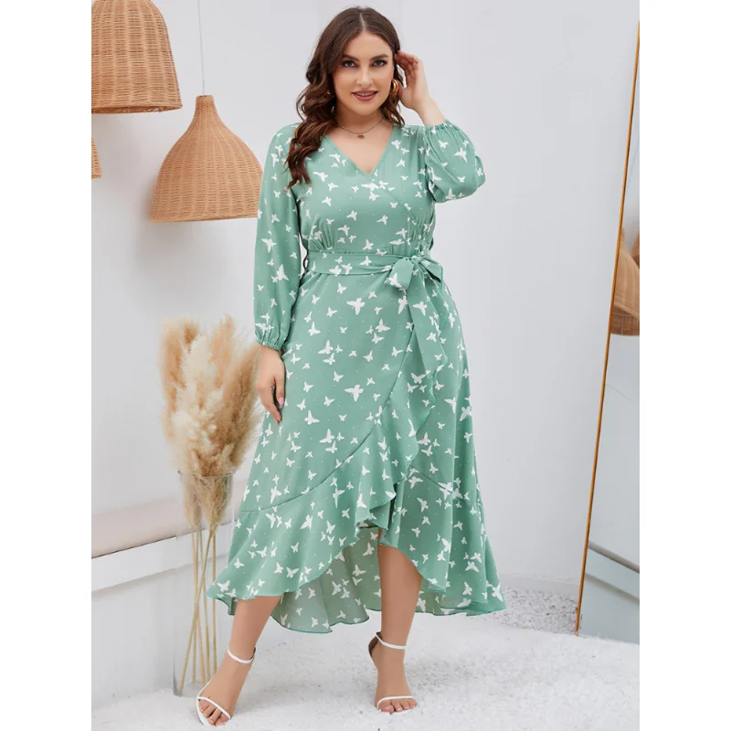 Plus Size 4xl 5xl Elegant Printed Lantern Dress Women Dresses Sexy Boho Beach Casual Slim Party Ruffle Midi d 3xl 4xl 5xl 6xl