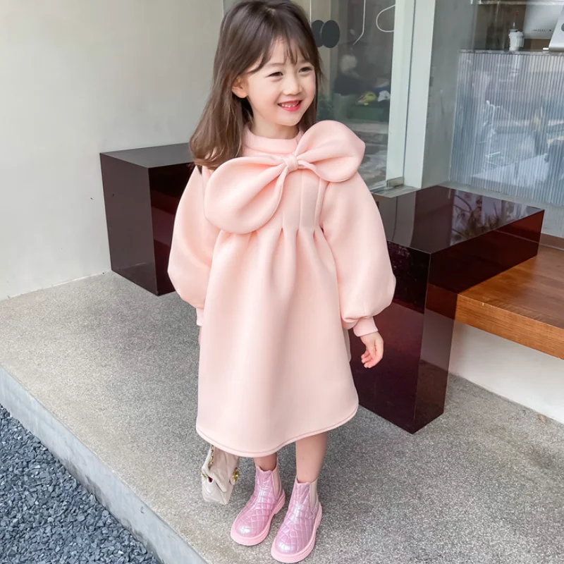 

Новинка 2022, воздушное хлопковое платье для девочек с большим бантом, мягкое Модное детское весеннее платье, детская одежда, розовый рукав-фо...