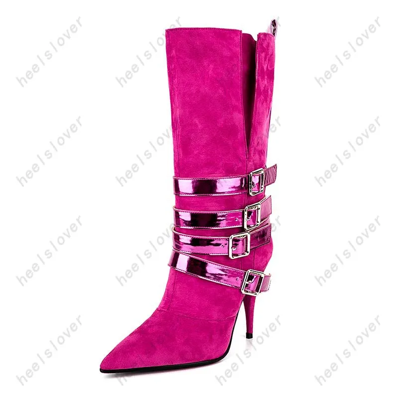 Женские зимние сапоги до середины икры Ahhlsion на тонком каблуке с ремешком пряжкой