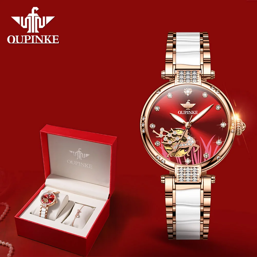 OUPINKE Top Automatic Women Watches Swiss Luminous Luxury Waterproof Sapphire Crystal Ceramic Ladies Wristwatch Bracelet Set